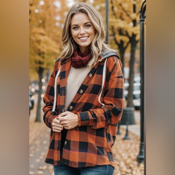 Plaid Button Up Drawstring Hooded Shacket - Picture 1 of 3